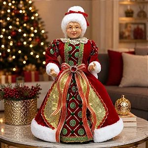 Mamãe Noel Com Laço Vestido Veludo Modelo Luxo 30cm Paetê Vermelho Não Aplicado