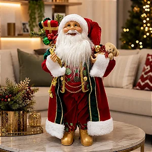 Papai Noel Com Saco Ursinho Paetê Guizo Modelo Luxo 45cm