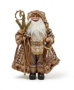 Papai Noel Com Cajado Dourado Marrom Guizo 30 Cm Luxo Natal