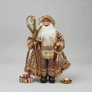 Papai Noel Com Cajado Dourado Marrom Guizo 45 Cm Luxo Natal