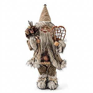 Papai Noel Boneco Com Saco Nas Costas Marrom Rústico 30cm