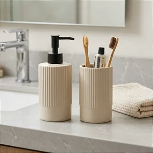 Kit Banheiro Rool Nude Cerâmica Sabonte Liquido Porta Escova