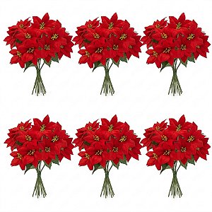 Kit 6 Buquês Flor De Natal Vermelha Bico De Papagaio 30 Cm