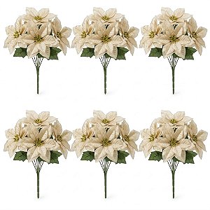 Kit Com 6 Buquê Bico De Papagaio 5 Flores Cor Dourado Natal