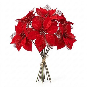 Kit 5 Galhos Flor De Natal Vermelha Com Glitter 23x 26 Cm