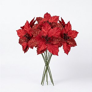 Kit 3 Galhos Flor Glitter Vermelha Natal Decoração Luxo 28cm