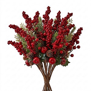 Kit Com 6 Flor De Natal Cerejinha Maça, Azevinho 27cm