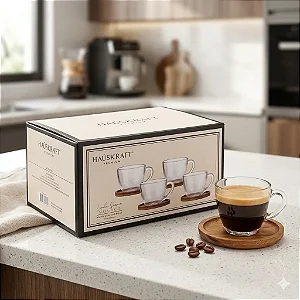 Conjunto 4 Xícaras Vidro Com Pires Bambu Café 80 Ml Mônaco