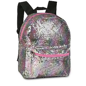 Mochila Escolar De Costas Feminina Paetê Lantejoulas Muda de Cor Rosa Prata Clio Original