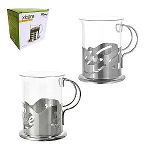Xícara Em Vidro Inox 6 Unidades  Alça De Metal 200 Ml Wincy