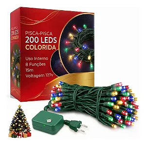 Pisca Pisca Cordão 200 Lâmpadas Colorida 127v Led 8 Funções 15m