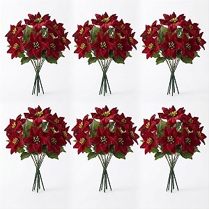 Kit 6 Buquês Flor De Natal Vermelho Bico De Papagaio 30 Cm