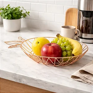 Fruteira De Mesa Aramado Abacaxi Metalizado Rose Gold