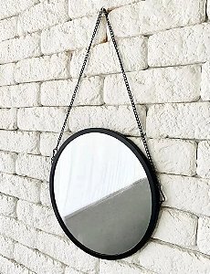 Espelho Decorativo 20cm Redondo Preto De Metal Alça Corrente