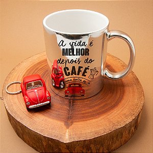 Kit Caneca Espelhada e Chaveiro Fusca
