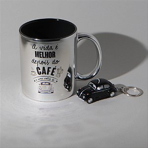 Kit Caneca Espelhada e Chaveiro Fusca Preto