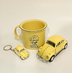Kit Xícara, Chaveiro e Miniatura de Fusca - Que nunca falte café