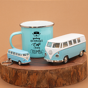 Kit Miniatura Kombi, chaveiro e Caneca Esmaltada Azul