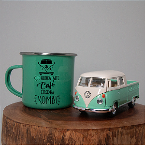 Kit Miniatura Kombi e Caneca Esmaltada verde