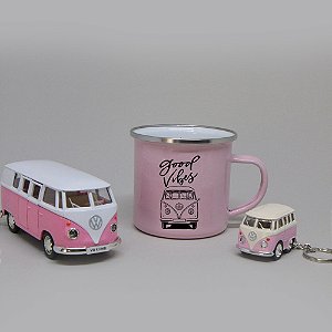Kit Miniatura Kombi, chaveiro e Caneca Esmaltada Good Vibes Rosa