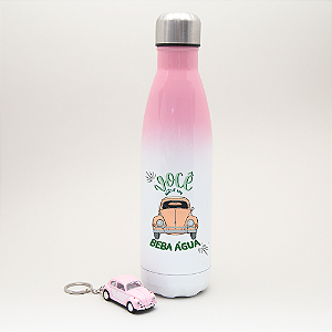 kit garrafa térmica de inox e chaveiro fusca rosa