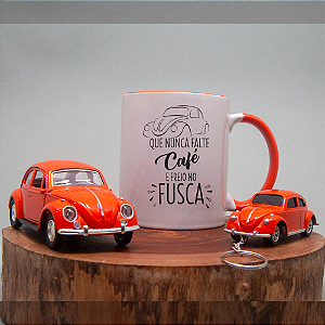 Kit Caneca, Miniatura e Chaveiro Fusca Laranja