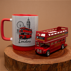 Kit Londres: Caneca 300ml + Miniatura Ônibus Londrino
