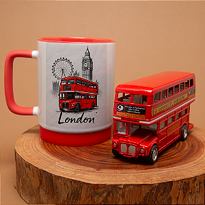 Kit Londres: Caneca 300ml + Miniatura Ônibus Londrino