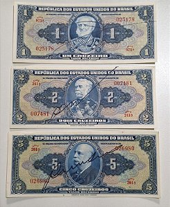 CÉDULAS DE 1, 2 E 5 CRUZEIROS - AUTOGRAFADAS E CHANCELADAS - 1ª ESTAMPA