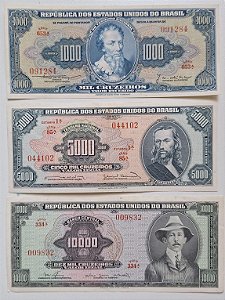 CÉDULAS DE 1000, 5000 E 10.000 CRUZEIROS - AUTOGRAFADAS E CHANCELADAS - 1ª ESTAMPA