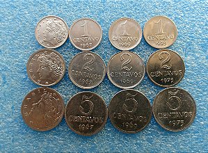 CENTAVOS DE CRUZEIROS - AÇO INOX, 1967 A 1979 - SÉRIES COMPLETAS OU MOEDAS AVULSAS