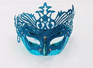 Máscara Veneziana Azul Glitter Fantasia Carnaval