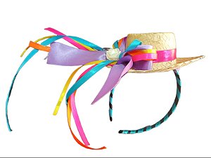 Acessório Tiara Customizada Chapéu Palha Fitas Colorida