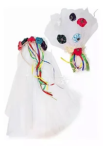 Kit Noivinha Tiara Véu Buquê Fuxico Festa Junina Fantasias
