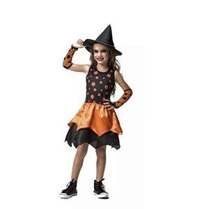 Fantasia Bruxa Bolinhas Sabrina Laranja Infantil Halloween