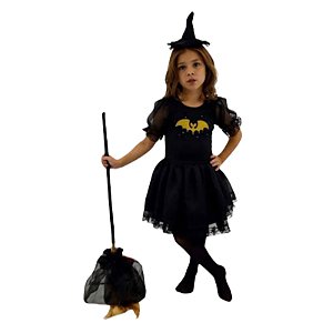 Fantasia Vestido Bruxinha Morcego Infantil Halloween