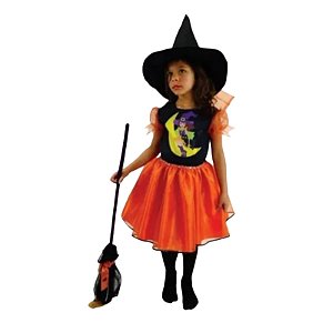 Fantasia Vestido Bruxinha Janjan Laranja Infantil Halloween Tamanho GG
