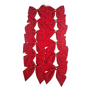 Enfeites 12 Laços Vermelho Fios Dourado Arvore Natal Luxo