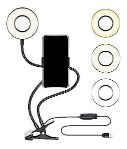 Ring Light 2 em 1 com Garra Suporte para Celular e Mesa Iluminador USB 3 Cores
