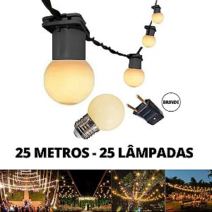 KIT Cordão Varal de Luz Festão 25 Metros com 25 Lâmpadas Branco Quente Bivolt