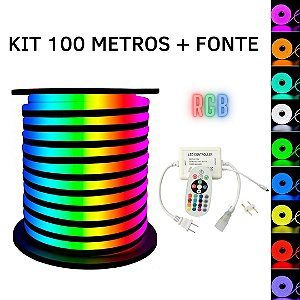 KIT Mangueira Fita LED Neon Flex RGB 127V 100 Metros + Fonte