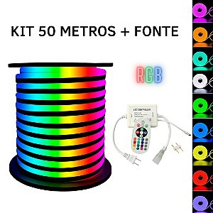 KIT Mangueira Fita LED Neon Flex RGB 127V 50 Metros + Fonte