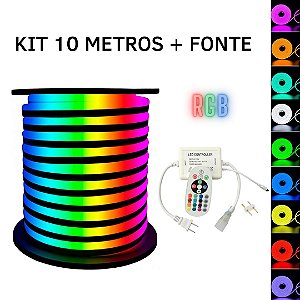KIT Mangueira Fita LED Neon Flex RGB 127V 10 Metros + Fonte