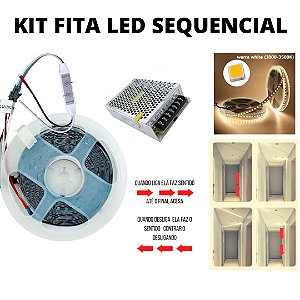KIT Fita LED 3528 120 LED’s 5 Metros Sequencial 24V Branco Quente 3000K + Fonte 5A