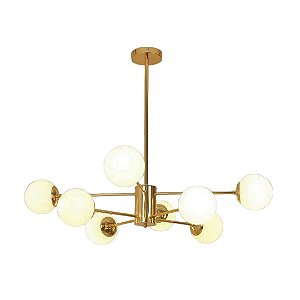 Lustre Pendente Jabuticaba Globo Leitoso Doppler Dourado 8xE27 Bivolt PT1018