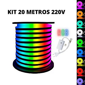 KIT Mangueira Fita LED Neon Flex RGB 20 Metros + Rabicho 8 Efeitos 220V