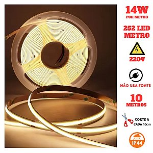 Fita COB 252 LED's 10 Metros IP44 220V 14W 3000K Liga Direto