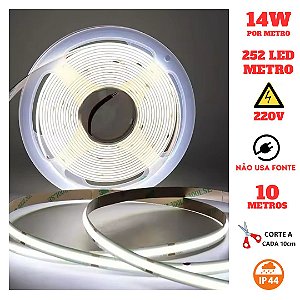 Fita COB 252 LED's 10 Metros IP44 220V 14W 6500K Liga Direto