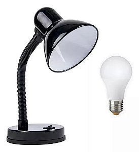 KIT Luminária de Mesa Base Abajur Haste Articulada Preta + Bulbo 9W Branco Quente Bivolt