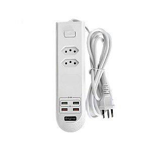 Régua Extensão Elétrica 2 Tomadas 10A + 4 USB Bivolt Cabo 2 Metros